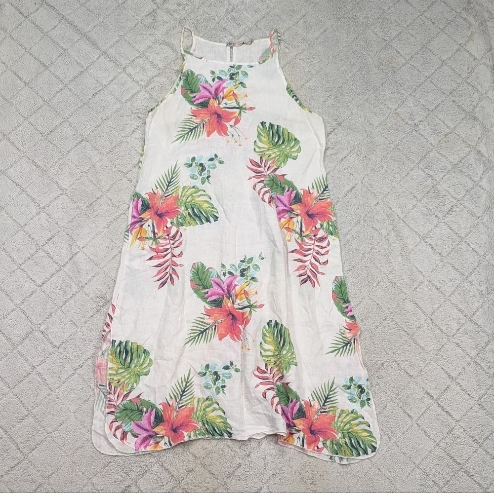 Lungo Larno Dress Dress Womens L White Floral Linen Beach Midi Sleeveless Coast - Picture 1 of 9